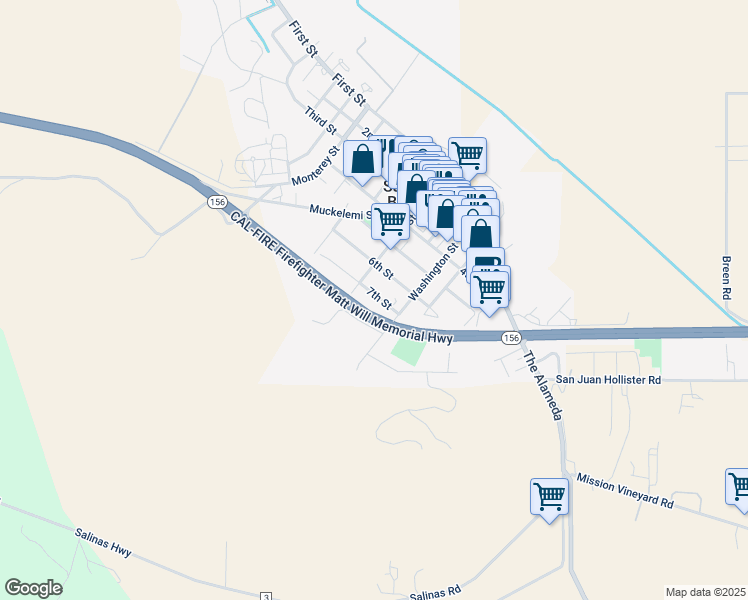 map of restaurants, bars, coffee shops, grocery stores, and more near 305 7th Street in San Juan Bautista