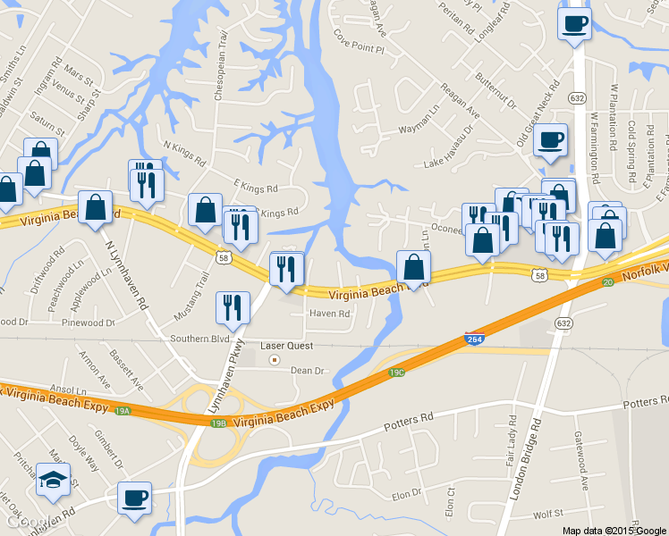 map of restaurants, bars, coffee shops, grocery stores, and more near 2572 Virginia Beach Boulevard in Virginia Beach