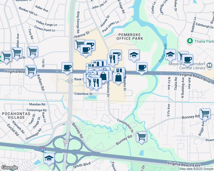 map of restaurants, bars, coffee shops, grocery stores, and more near in Virginia Beach