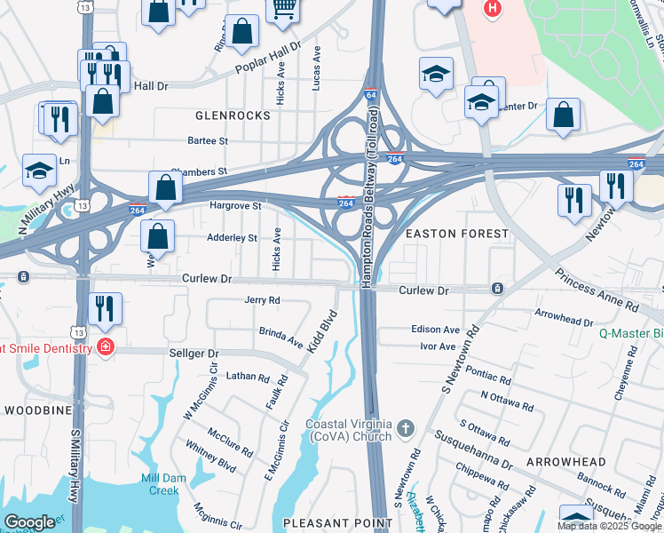 map of restaurants, bars, coffee shops, grocery stores, and more near 5964 Curlew Drive in Norfolk