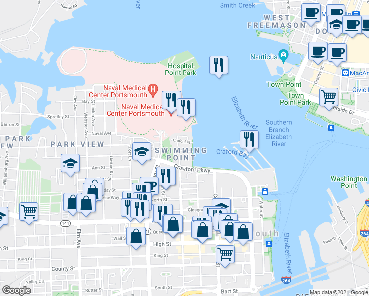 map of restaurants, bars, coffee shops, grocery stores, and more near in Portsmouth