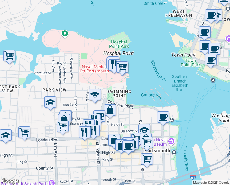 map of restaurants, bars, coffee shops, grocery stores, and more near 700 Crawford Parkway in Portsmouth