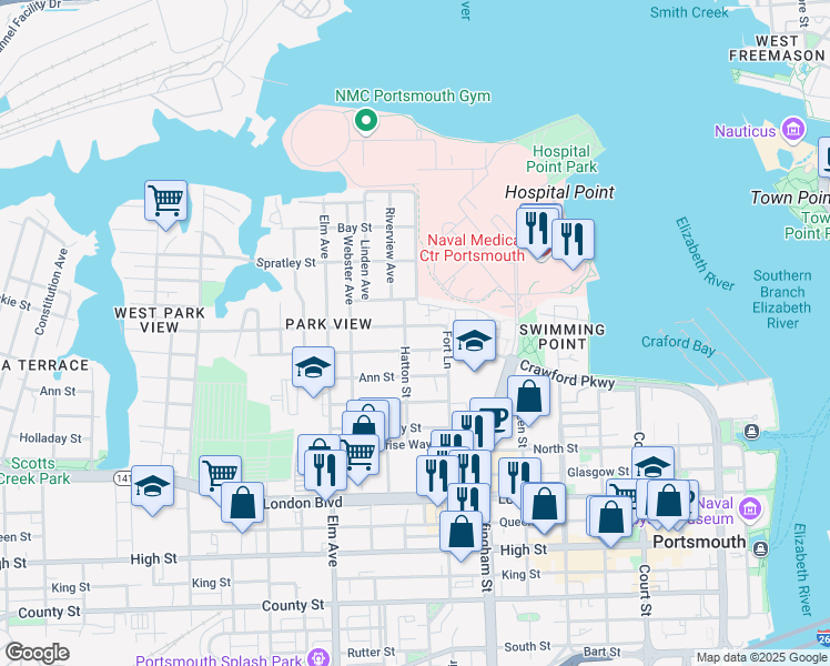 map of restaurants, bars, coffee shops, grocery stores, and more near in Portsmouth