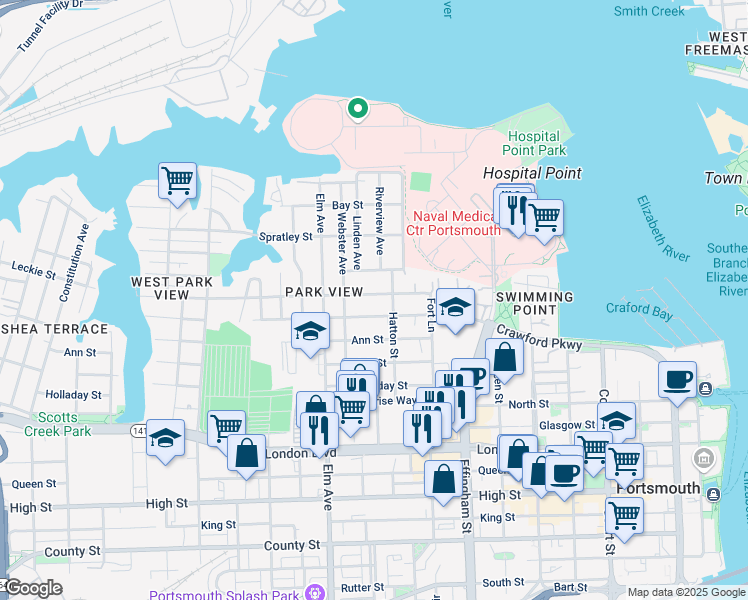 map of restaurants, bars, coffee shops, grocery stores, and more near 1034 Crawford Parkway in Portsmouth