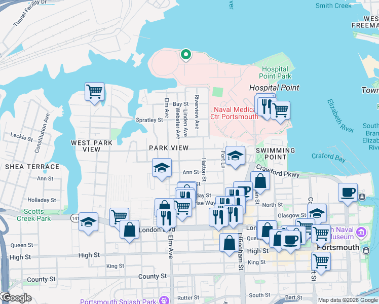 map of restaurants, bars, coffee shops, grocery stores, and more near 1034 Crawford Parkway in Portsmouth