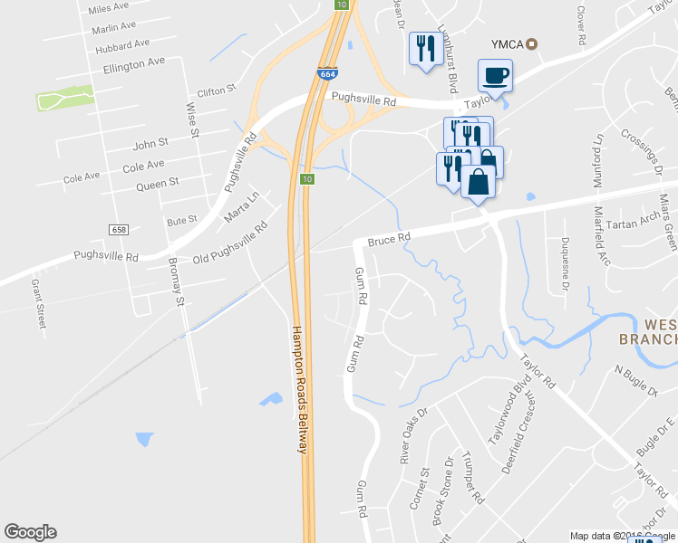 map of restaurants, bars, coffee shops, grocery stores, and more near 4612 Woodmark Trail in Chesapeake