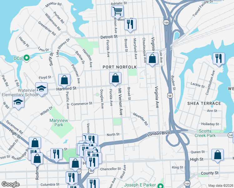 map of restaurants, bars, coffee shops, grocery stores, and more near 746 Mount Vernon Avenue in Portsmouth