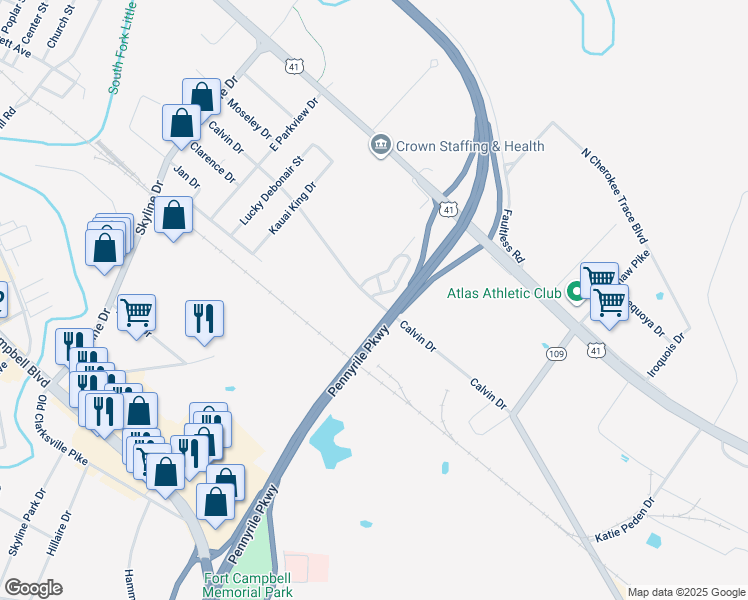 map of restaurants, bars, coffee shops, grocery stores, and more near 2401 Calvin Drive in Hopkinsville