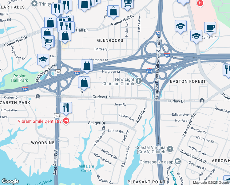 map of restaurants, bars, coffee shops, grocery stores, and more near 110 Brockwell Avenue in Norfolk