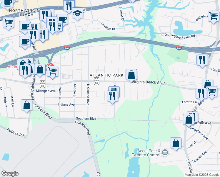 map of restaurants, bars, coffee shops, grocery stores, and more near 255 Sykes Avenue in Virginia Beach