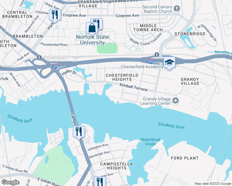 map of restaurants, bars, coffee shops, grocery stores, and more near 2625 Marlboro Avenue in Norfolk