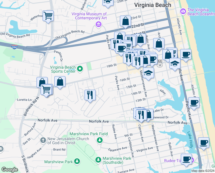 map of restaurants, bars, coffee shops, grocery stores, and more near 823 15 1/2 Street in Virginia Beach