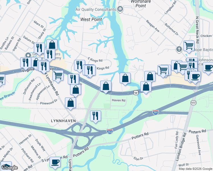 map of restaurants, bars, coffee shops, grocery stores, and more near Colony Pines Drive in Virginia Beach