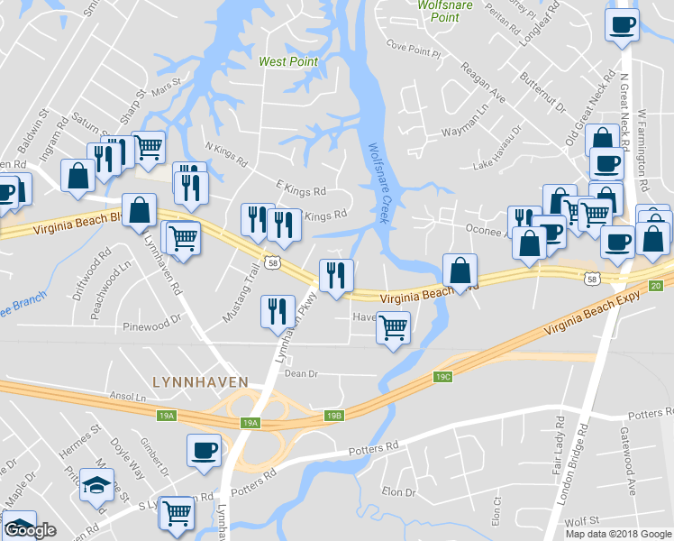 map of restaurants, bars, coffee shops, grocery stores, and more near 2601 Little Pine Court in Virginia Beach