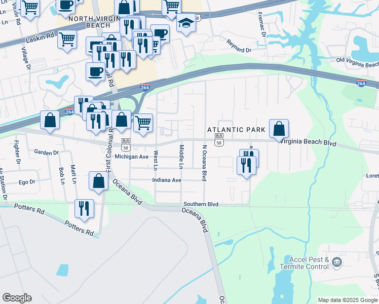 map of restaurants, bars, coffee shops, grocery stores, and more near 230 Roselynn Lane in Virginia Beach