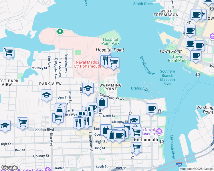 map of restaurants, bars, coffee shops, grocery stores, and more near 700 Crawford Parkway in Portsmouth