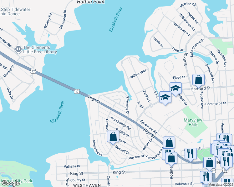 map of restaurants, bars, coffee shops, grocery stores, and more near 237 Riverside Drive in Portsmouth