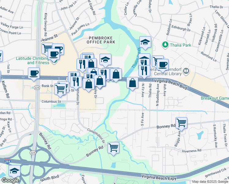 map of restaurants, bars, coffee shops, grocery stores, and more near 205 Silverbrook Lane in Virginia Beach