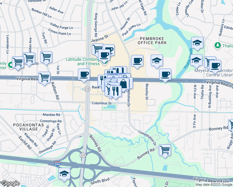 map of restaurants, bars, coffee shops, grocery stores, and more near 4537 Main Street in Virginia Beach