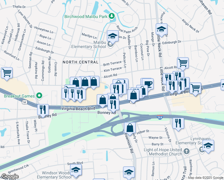 map of restaurants, bars, coffee shops, grocery stores, and more near 3664 Malibu Palms Drive in Virginia Beach