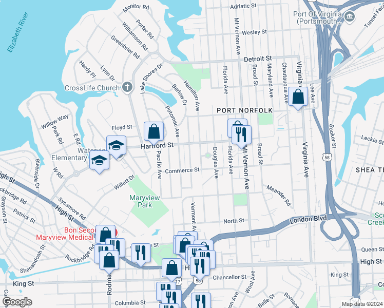 map of restaurants, bars, coffee shops, grocery stores, and more near 719 Vermont Avenue in Portsmouth