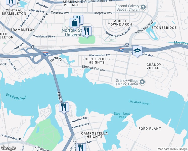 map of restaurants, bars, coffee shops, grocery stores, and more near 2625 Marlboro Avenue in Norfolk