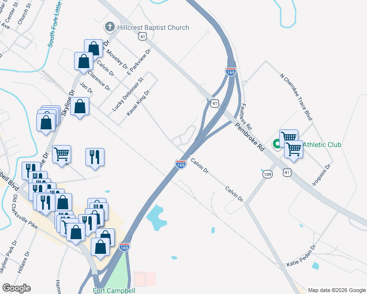 map of restaurants, bars, coffee shops, grocery stores, and more near 2401 Calvin Drive in Hopkinsville