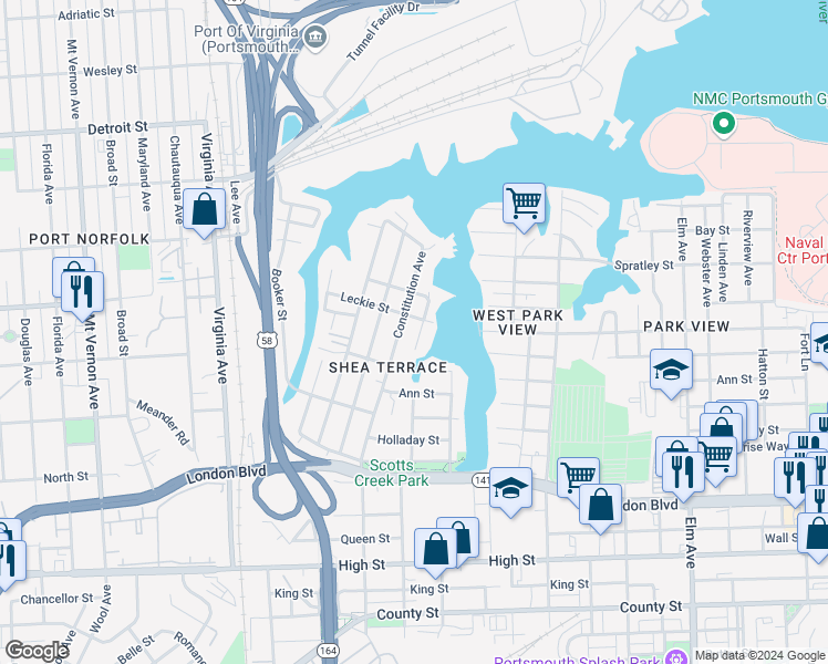 map of restaurants, bars, coffee shops, grocery stores, and more near 206 Jamestown Avenue in Portsmouth