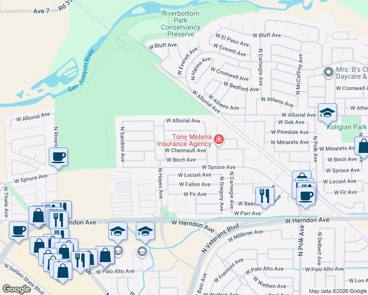 map of restaurants, bars, coffee shops, grocery stores, and more near 5963 West Chennault Avenue in Fresno