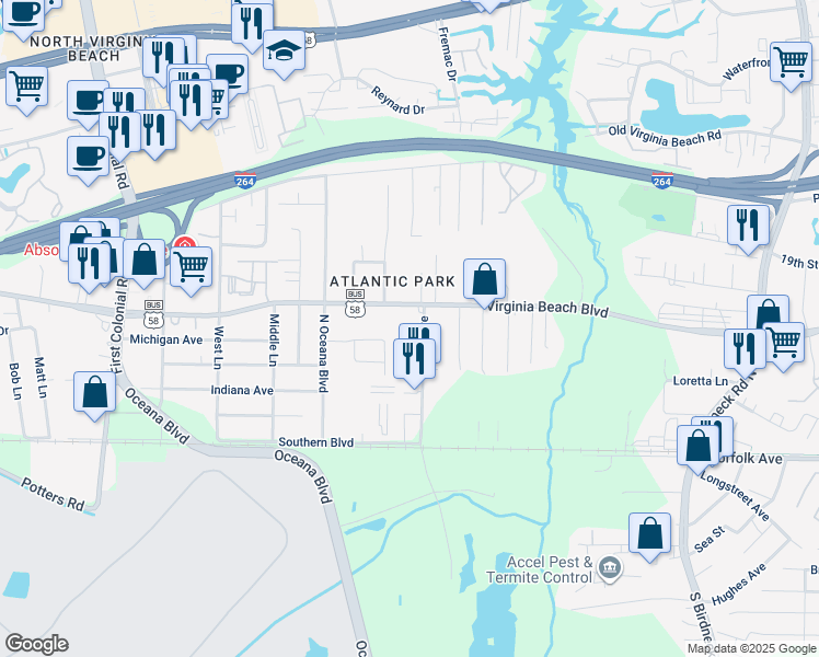 map of restaurants, bars, coffee shops, grocery stores, and more near 255 Sykes Avenue in Virginia Beach