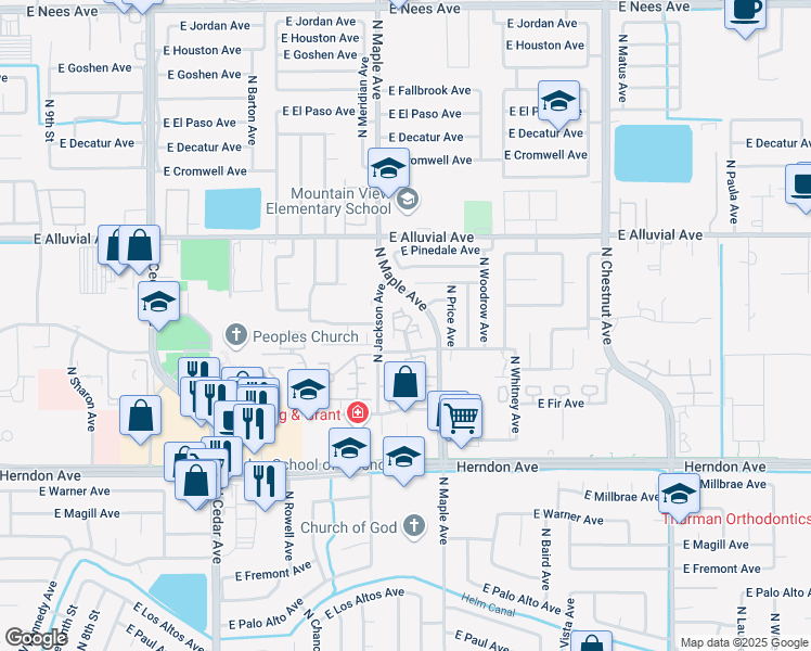 map of restaurants, bars, coffee shops, grocery stores, and more near 2059 East Spruce Avenue in Fresno