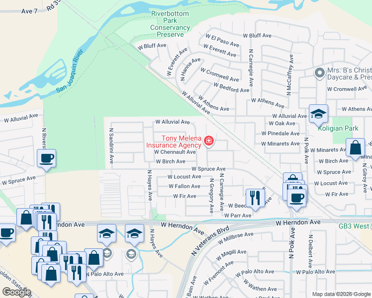 map of restaurants, bars, coffee shops, grocery stores, and more near 5885 West Chennault Avenue in Fresno