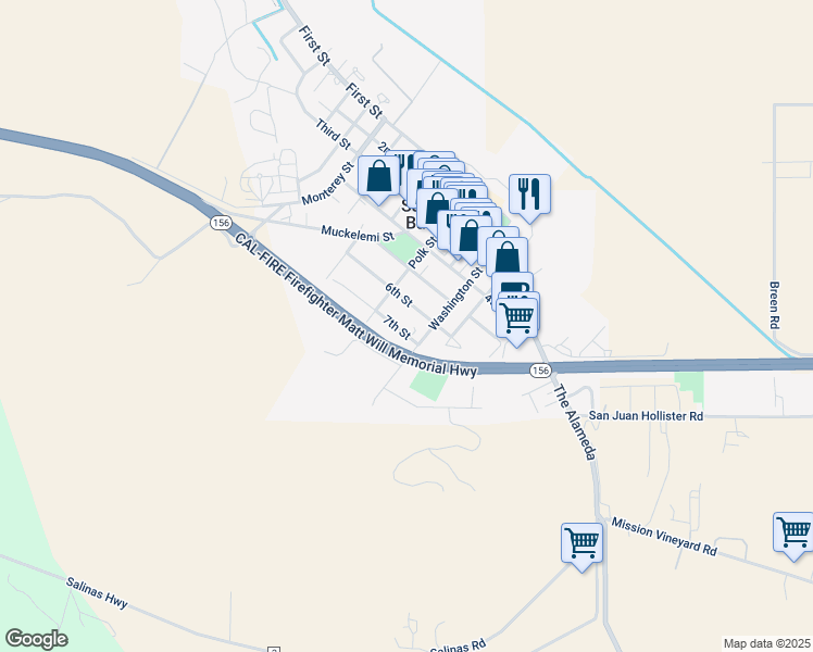 map of restaurants, bars, coffee shops, grocery stores, and more near 203 7th Street in Hollister