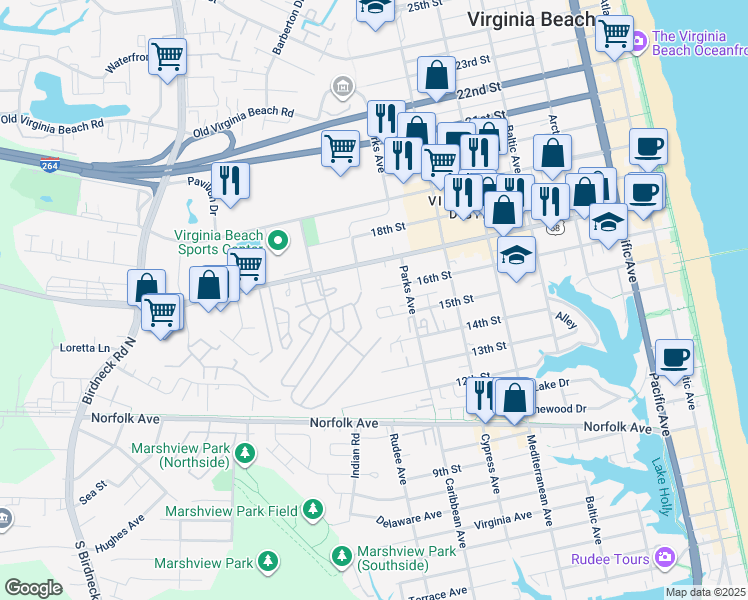 map of restaurants, bars, coffee shops, grocery stores, and more near 824 15th Street in Virginia Beach