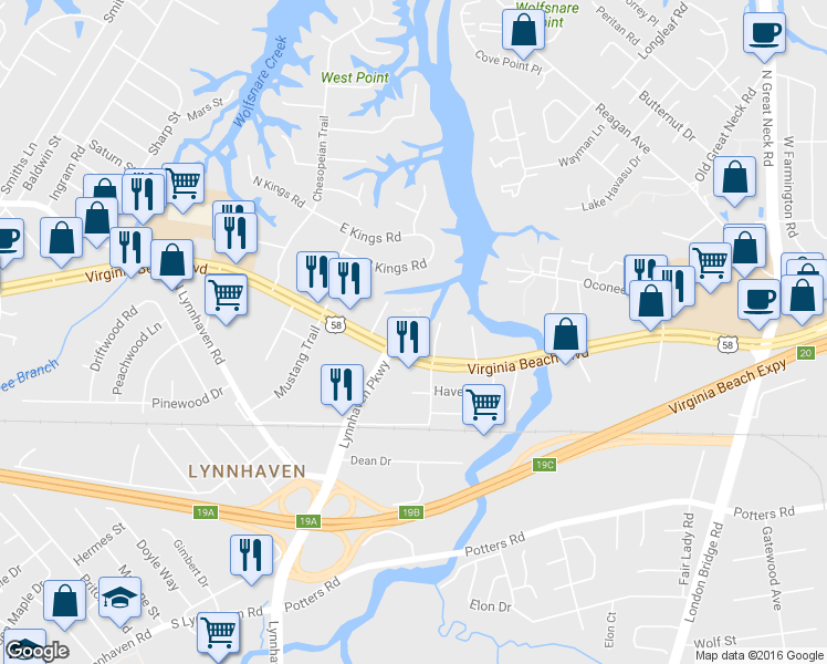map of restaurants, bars, coffee shops, grocery stores, and more near 2608 Colony Pines Drive in Virginia Beach