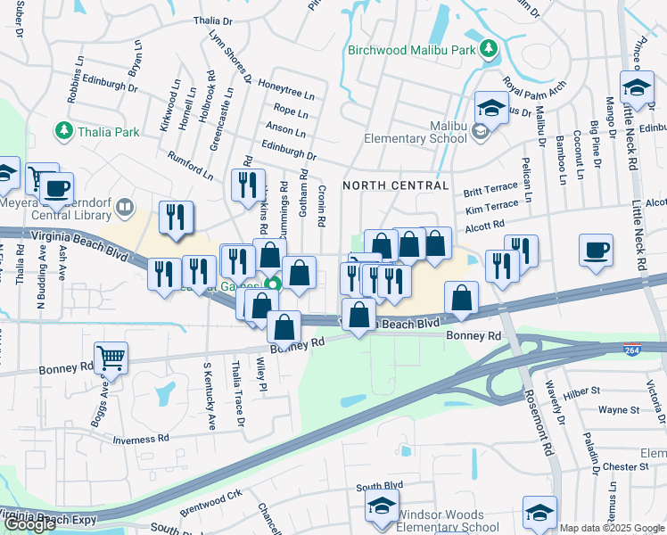 map of restaurants, bars, coffee shops, grocery stores, and more near 320 Caren Drive in Virginia Beach