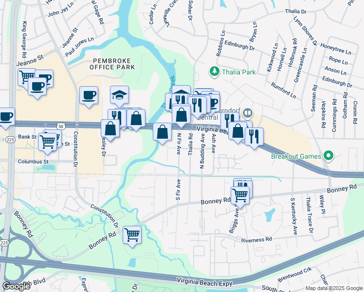 map of restaurants, bars, coffee shops, grocery stores, and more near 130 North Fir Avenue in Virginia Beach