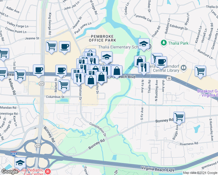 map of restaurants, bars, coffee shops, grocery stores, and more near 205 Silverbrook Lane in Virginia Beach