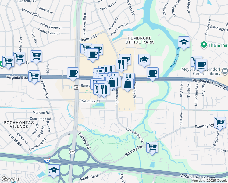 map of restaurants, bars, coffee shops, grocery stores, and more near in Virginia Beach