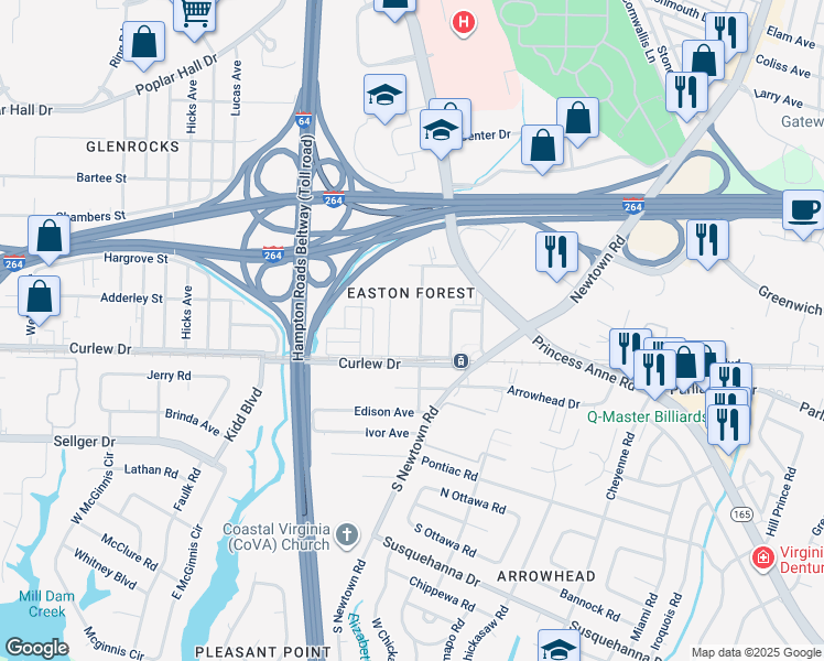 map of restaurants, bars, coffee shops, grocery stores, and more near 6138 Curlew Drive in Norfolk