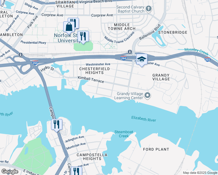 map of restaurants, bars, coffee shops, grocery stores, and more near 2722 Marlboro Avenue in Norfolk