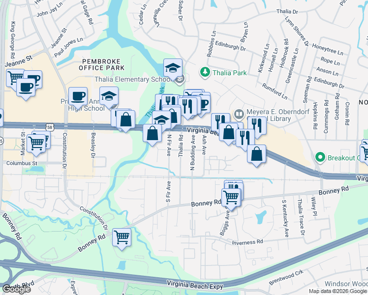 map of restaurants, bars, coffee shops, grocery stores, and more near 128 Thalia Road in Virginia Beach
