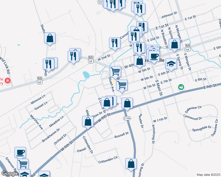 map of restaurants, bars, coffee shops, grocery stores, and more near 302-306 Stuart Avenue in Russellville