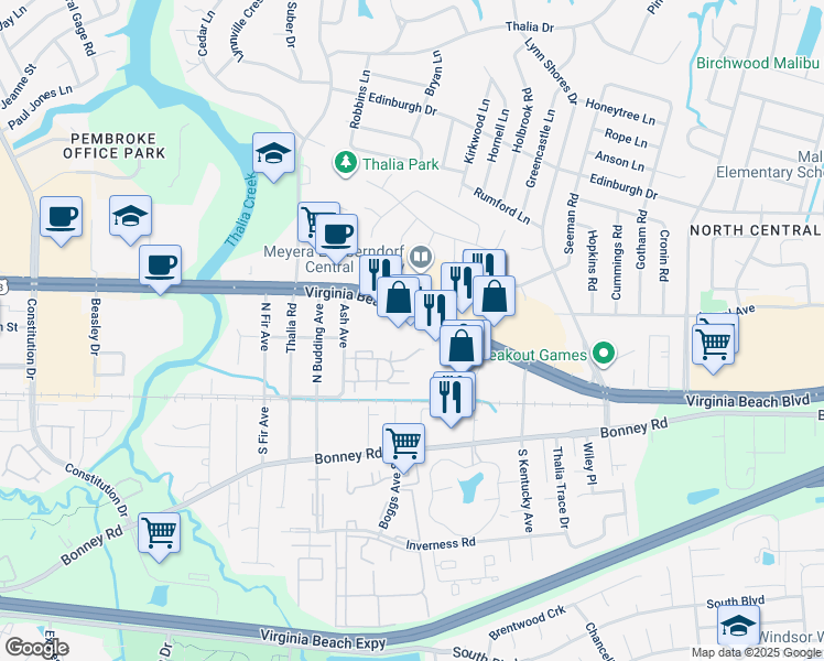 map of restaurants, bars, coffee shops, grocery stores, and more near 230 Thalia Station Drive in Virginia Beach