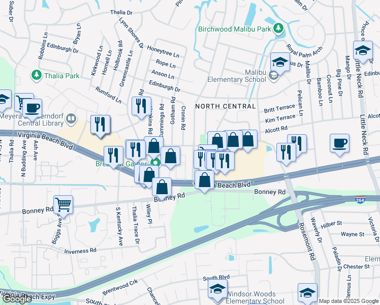 map of restaurants, bars, coffee shops, grocery stores, and more near 320 Caren Drive in Virginia Beach
