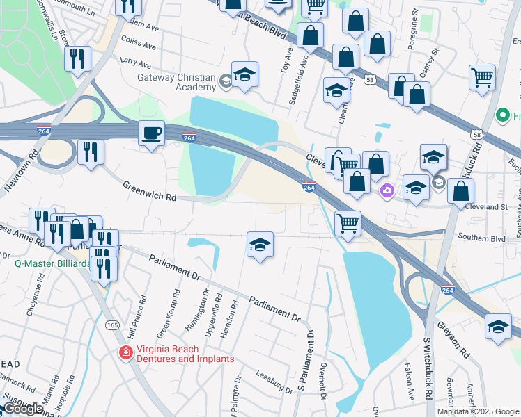 map of restaurants, bars, coffee shops, grocery stores, and more near 5429 Greenwich Road in Virginia Beach