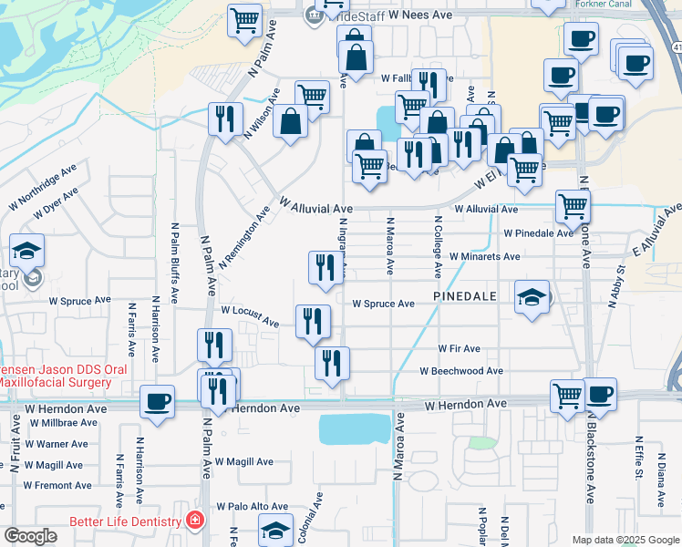 map of restaurants, bars, coffee shops, grocery stores, and more near in Fresno