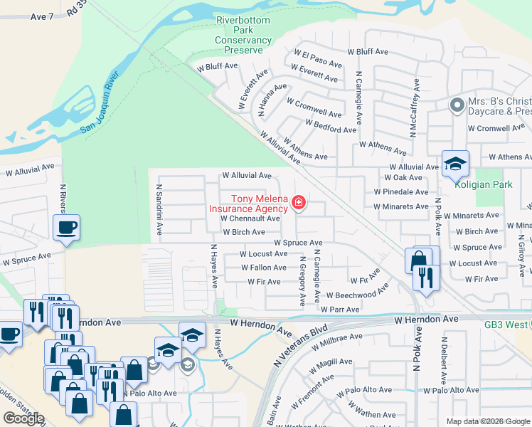 map of restaurants, bars, coffee shops, grocery stores, and more near 5885 West Chennault Avenue in Fresno