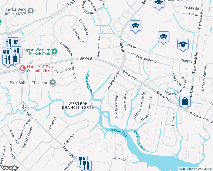 map of restaurants, bars, coffee shops, grocery stores, and more near 2848 Greenwood Road in Chesapeake