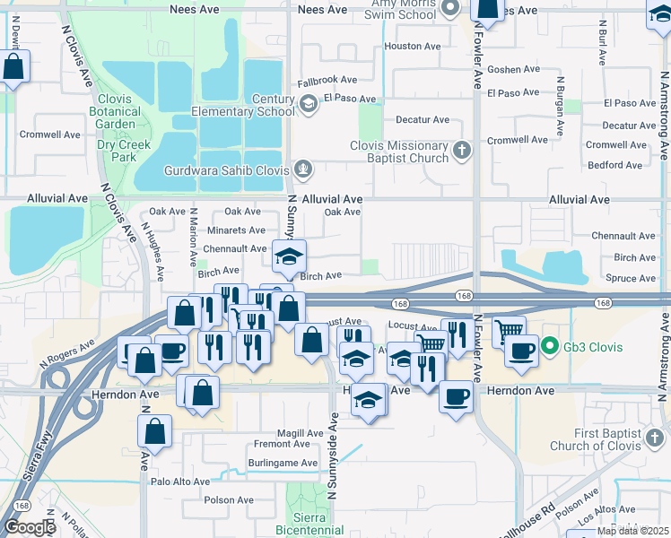map of restaurants, bars, coffee shops, grocery stores, and more near 1492 Birch Avenue in Clovis
